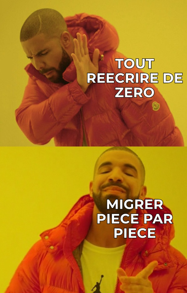 Tout reecrire de zero versus migrer piece par piece.